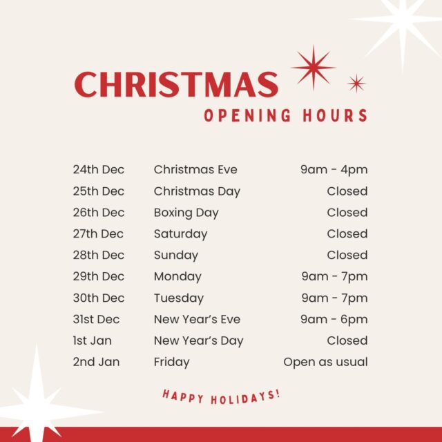 Christmas opening hours 🎄
Book early to avoid missing out.